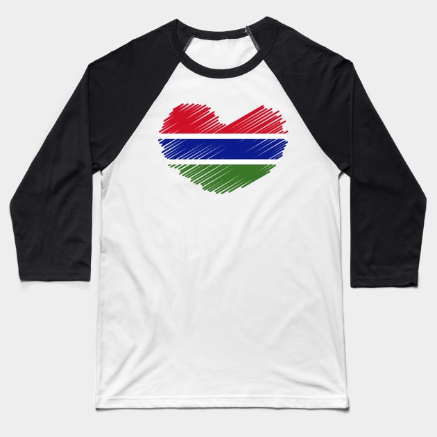 Gambia Heart Flag Design Baseball T-Shirt by Sanu Designs